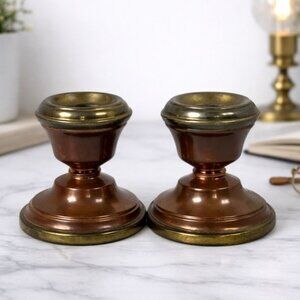 Vintage Brass & Copper Candle Holders 2.5" Tall Heavy Base Classic Design Pair F